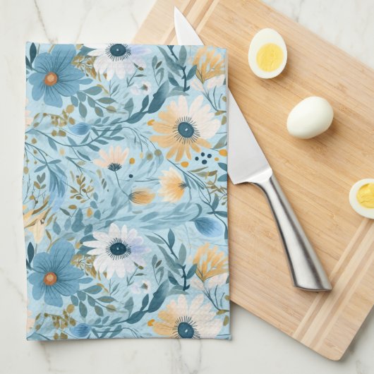 Zomer Daisy Design op blauw Theedoek (Quarter Fold)