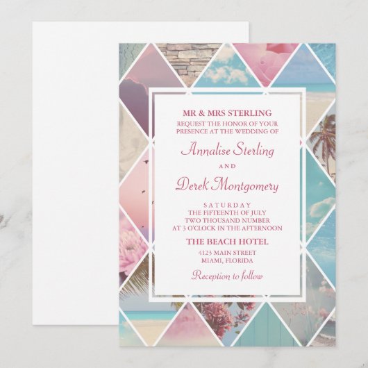 Zomer Diamanten | Roze & Blauwe Strand Bruiloft Kaart (Voorkant / Achterkant)