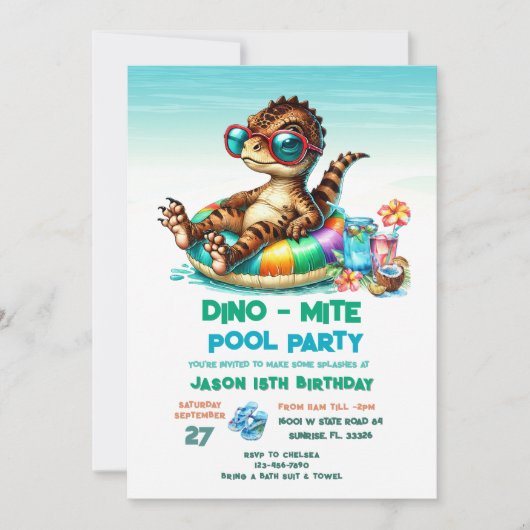 Zomer Dino Pool Party Verjaardag Uitnodiging (Voorkant)