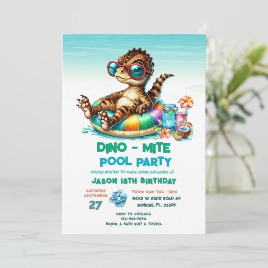 Zomer Dino Pool Party Verjaardag Uitnodiging (Staand voorkant)