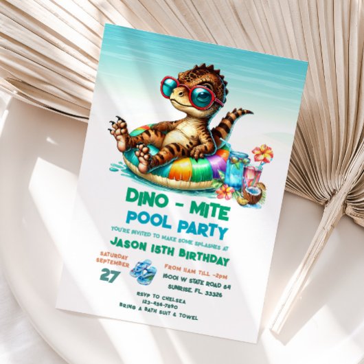 Zomer Dino Pool Party Verjaardag Uitnodiging