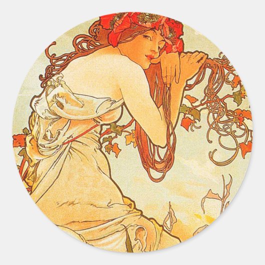  zomer door Alphonse Mucha Ronde Sticker (Voorkant)