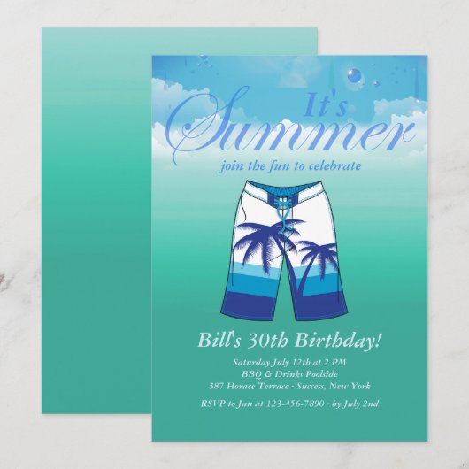 Zomer Draag mannelijke verjaardagsfeestuitnodiging Kaart (Voorkant / Achterkant)