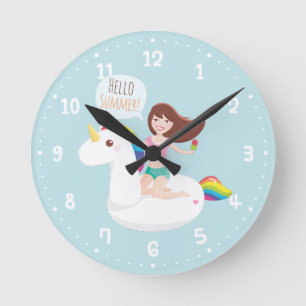 Zomer Eenhoorn Zwembad Drijver Muur Kamer Decorati Ronde Klok