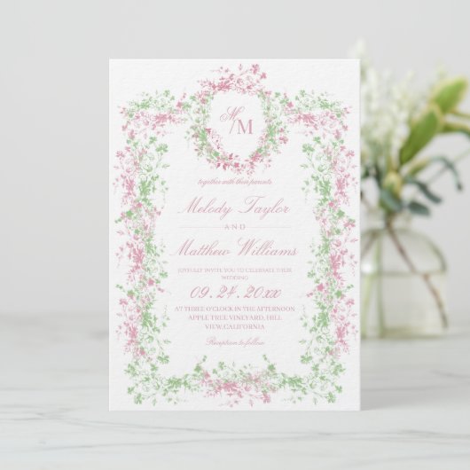 Zomer Elegant Bloemig Monogram Bruiloft Kaart (Staand voorkant)