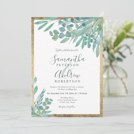 Zomer Eucalyptus bloemen waterverf gouden bruiloft Kaart (Staand voorkant)