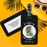 Zomer Familie Vakantie Zwart Bagagelabel<br><div class="desc">Leuk cadeau voor uw zomervakantie,  dit bagagelabel is voorzien van een zomervakantie illustratie op een zwarte achtergrond,  samen met uw familienaam,  jaar en locatie in chique letters en uw informatie afgedrukt op de achterkant.</div>