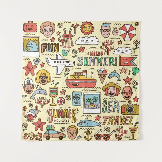Zomer Feestdagen Reizen Doodle Set Wandkleed (Voorkant)