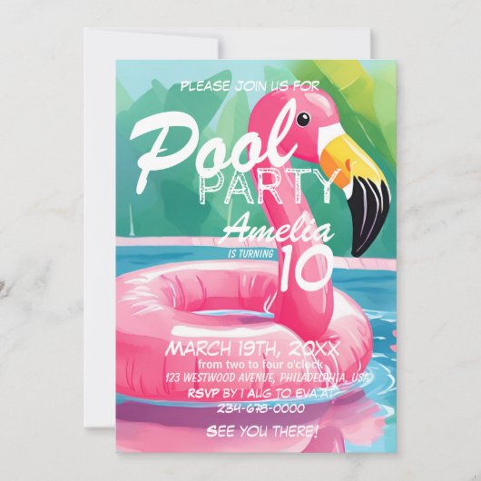 Zomer Flamingo Pool Party Meisje 10e Verjaardag Kaart (Voorkant)
