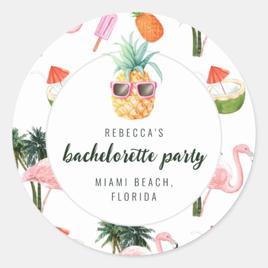Zomer Flamingo Zwembad Feest Bachelorette Feest Ronde Sticker (Voorkant)
