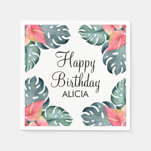Zomer Flora Roze Anthurium & Monstera Verjaardag Servet (Voorkant)
