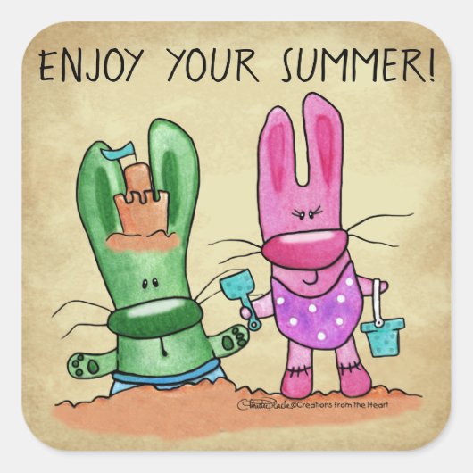Zomer Fun-Bunnies op het strand Vierkante Sticker (Voorkant)