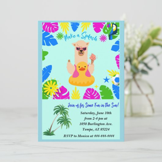 Zomer Fun Lama in een Duck Inner Tube Pool Party I Kaart (Staand voorkant)