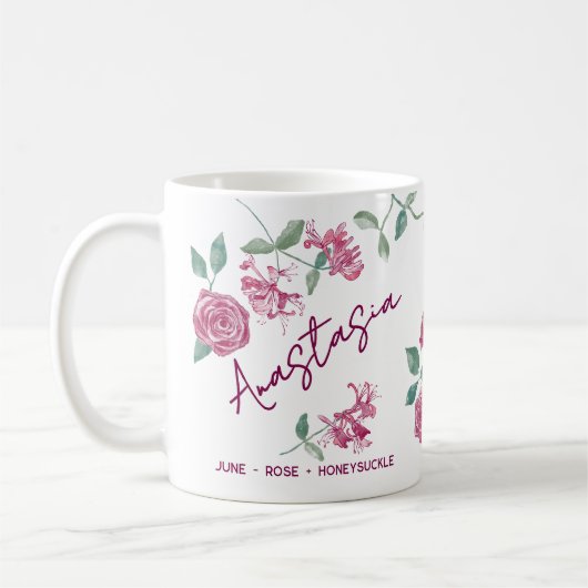 Zomer Geboortebloem Aangepaste naam Roos Kamperfoe Koffiemok (Links)