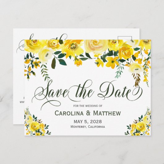 Zomer geel bloemig trouw 'save the date' aankondigingskaart (Voorkant / Achterkant)