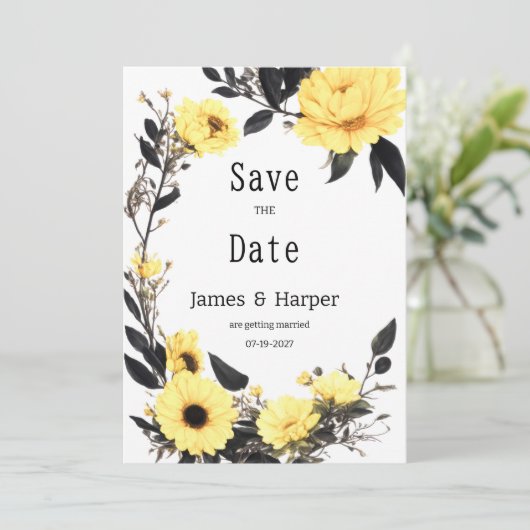 Zomer geel donkergrijs daisy bloemen Save the Date Kaart (Staand voorkant)