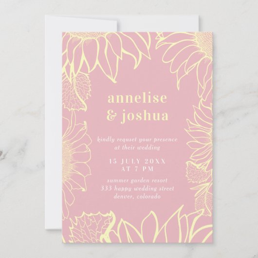 Zomer geel roze bloemen moderne bruiloft kaart (Voorkant)