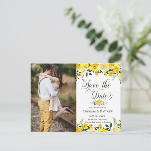 Zomer gele bloemenbruiloft foto opslaan van de dat aankondigingskaart (Staand voorkant)