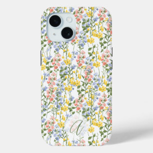 Zomer Gele Perzik Wilde Bloem Geborduurde Initiaal iPhone 15 Case
