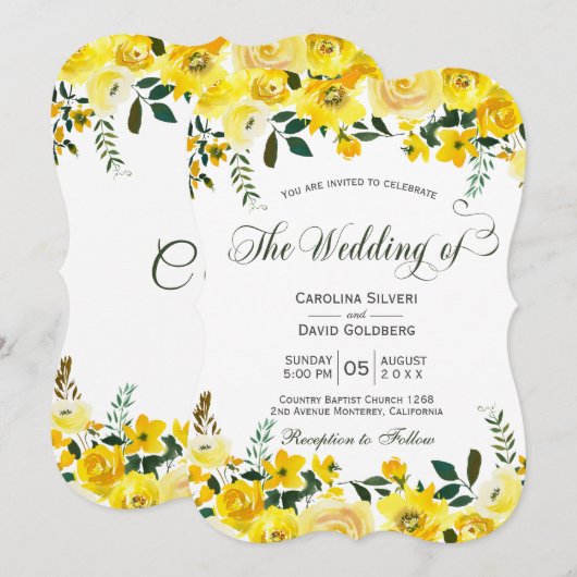 Zomer gele roos bloemige handgeschreven bruiloft kaart (Voorkant / Achterkant)