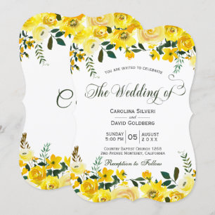 Zomer gele roos bloemige handgeschreven bruiloft kaart