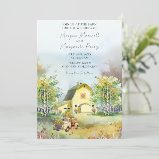 Zomer Gele Schuur Bruiloft Uitnodiging (Staand voorkant)