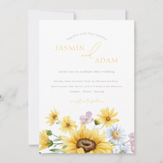 Zomer Gele Zonnebloemen Monogram Bloemen Bruiloft Kaart (Voorkant)