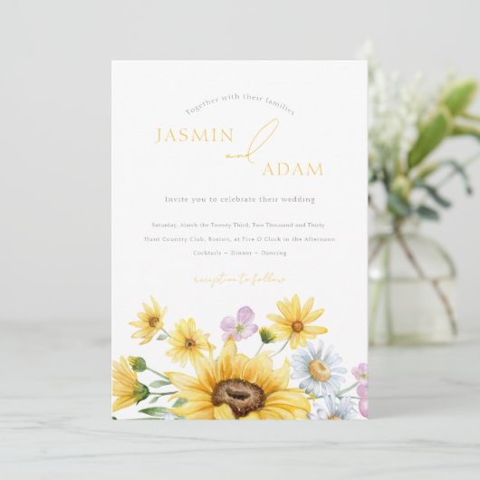 Zomer Gele Zonnebloemen Monogram Bloemen Bruiloft Kaart (Staand voorkant)