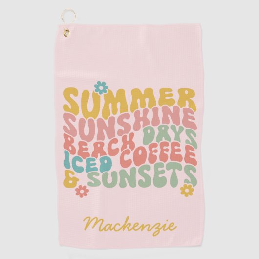 Zomer Gezegde Retro Beach Iced Coffee Zonsondergan Golfhanddoek (Voorkant)
