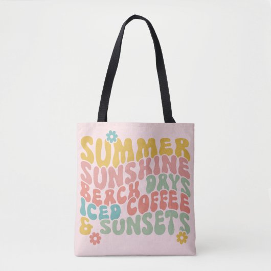 Zomer Gezegde Retro Beach Iced Coffee Zonsondergan Tote Bag (Voorkant)