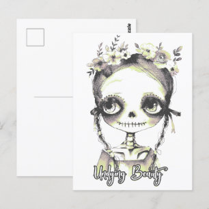 Zomer gothic Skelet meisje en bloemen Briefkaart