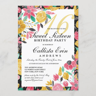 Zomer Gouden Roze Bloemen Waterverf Sweet 16 Kaart