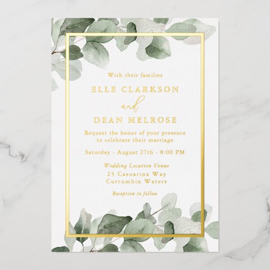 Zomer Groen Blad Gouden Huwelijk Goud Folie Uitnodiging (Voorkant)