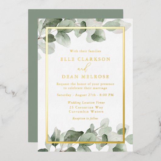 Zomer Groen Blad Gouden Huwelijk Goud Folie Uitnodiging (Voorkant / Achterkant)