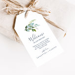 Zomer groen Dubbelzijdig bruiloft welkom Cadeaulabel<br><div class="desc">Deze zomerse groen dubbelzijdige bruiloft welkomstgeschenk labels zijn ideaal voor een tweetalige midzomer bruiloft. Het botanische ontwerp is voorzien van een weelderige opstelling van beschilderde waterverf eucalyptus, groen en groene bladeren met subtiele takjes blozende roze bloesems. Personaliseer de labels met de locatie van uw bruiloft, een korte welkomstnotitie, uw namen...</div>