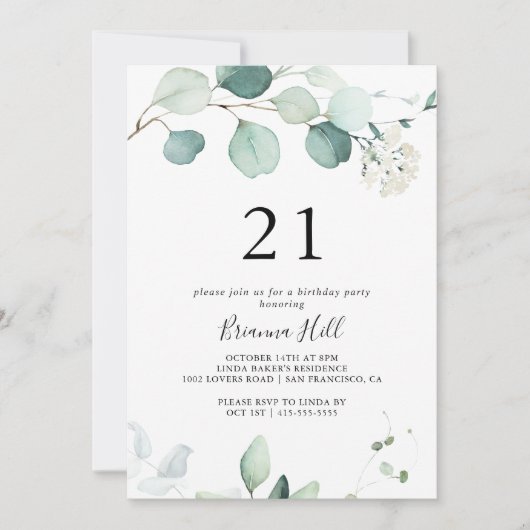 Zomer Groen Eucalyptus Blad 21ste Verjaardagsfeest Kaart (Voorkant)