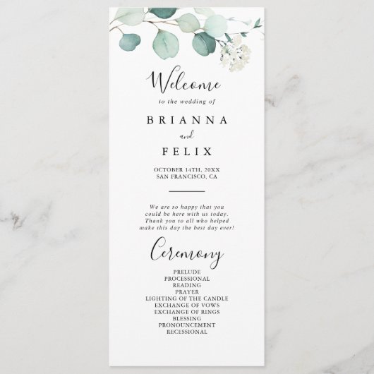 Zomer Groen Eucalyptus Bladgroen Bruiloft Programm Programmakaart (Voorkant)