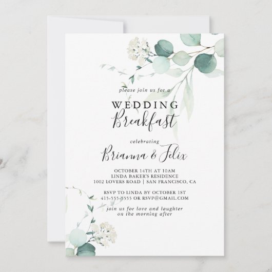 Zomer Groen Eucalyptus Foliage Bruiloft Ontbijt Kaart (Voorkant)