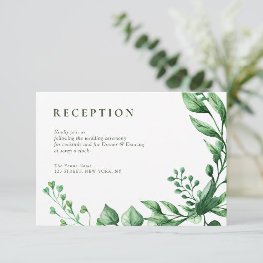 Zomer groen gebladerte bruiloft receptie kaart (Staand voorkant)