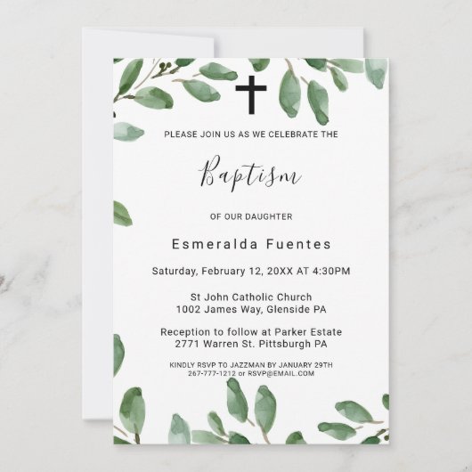 Zomer Groen Tropisch Eucalyptus Kruis Doop Kaart (Voorkant)