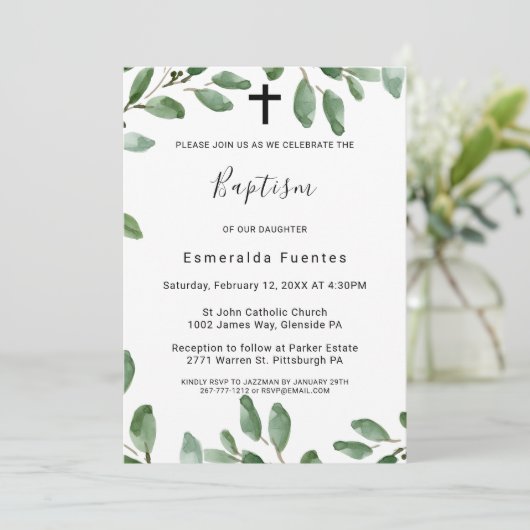 Zomer Groen Tropisch Eucalyptus Kruis Doop Kaart (Staand voorkant)