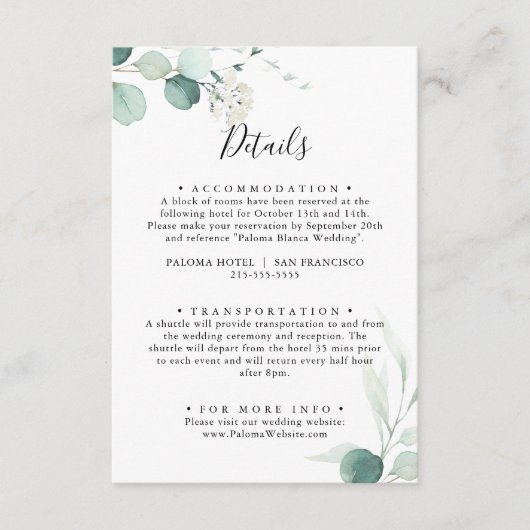 Zomer Groene Eucalyptus Bladgroen Bruiloft Details Informatiekaartje (Voorkant)