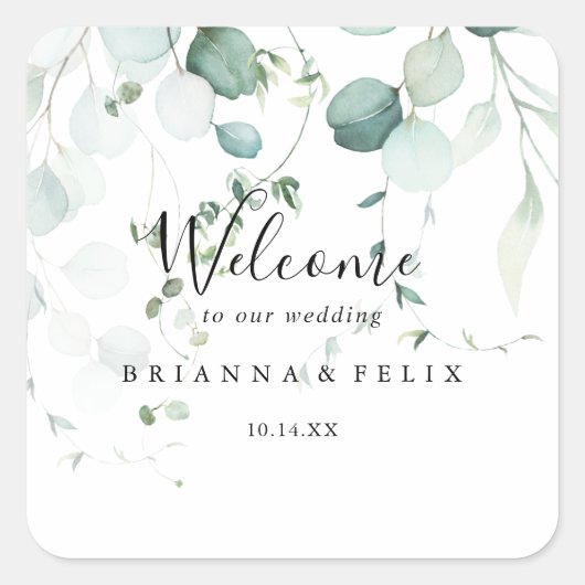 Zomer Groene Eucalyptus Foliage Bruiloft Welkom Vierkante Sticker (Voorkant)