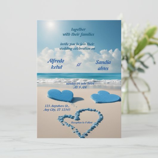 zomer harten strand oceaan blauw bruiloft kaart (Staand voorkant)