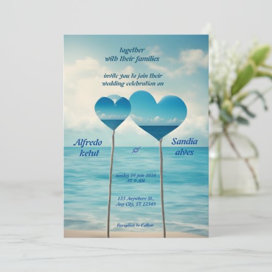 zomer harten strand oceaan blauw bruiloft kaart (Staand voorkant)