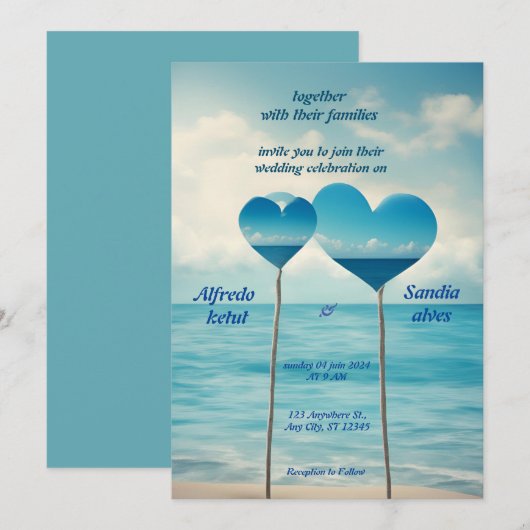 zomer harten strand oceaan blauw bruiloft kaart (Voorkant / Achterkant)