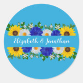 Zomer Hemelblauwe Bloemige Bruiloft Ronde Sticker (Voorkant)