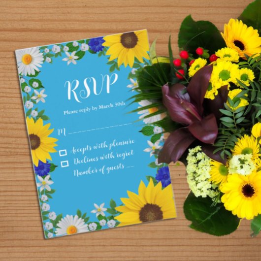 Zomer Hemelsblauw Bloemen Bruiloft RSVP Kaartje