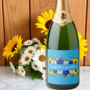 Zomer Hemelsblauw Bloemen Bruiloft Sparkling Wijnetiket