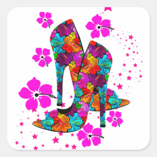 Zomer Hoge Hak Schoenen Heet Roze Bloemen Vierkante Sticker